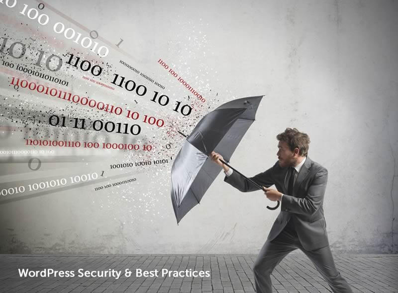 Man in a suit holding an umbrella to deflect streams of binary code, symbolizing protection from digital threats. Text on the image reads