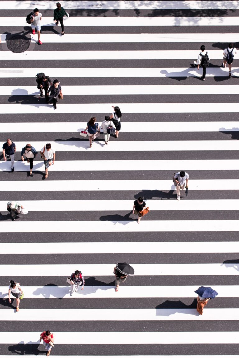 Aerial view of a busy pedestrian crossing with people walking in various directions. The crosswalk consists of wide, alternating black and white stripes. Some individuals carry umbrellas, while others hold bags. Shadows stretch across the striped path.