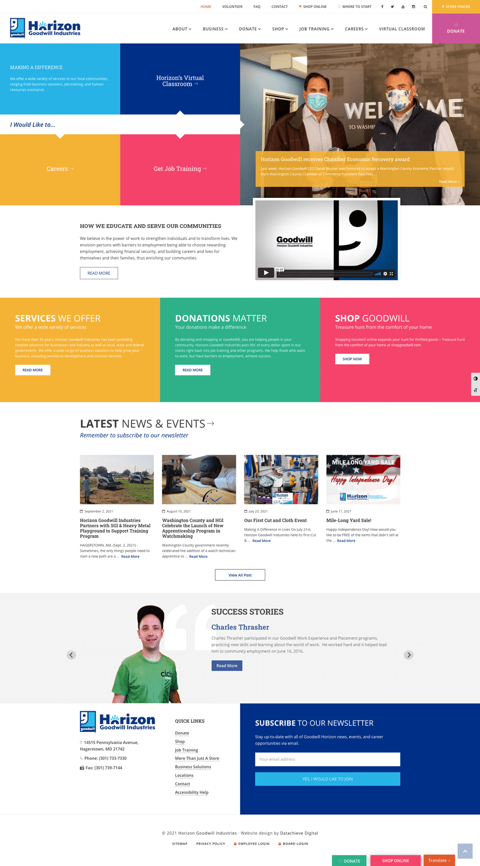Screenshot of a charity organization's website. Includes a header with a logo and navigation menu, sections for services, donations, shop, news, events, success stories, and a newsletter signup. Bright color blocks separate the sections.