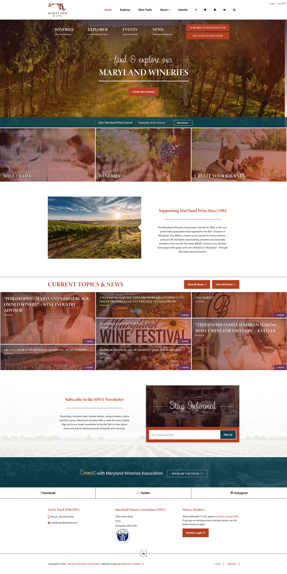 Screenshot of a wine association website featuring a header with navigation links, a main section with scenic images and text about Maryland wineries, a news section, and a footer with contact information and social media links.