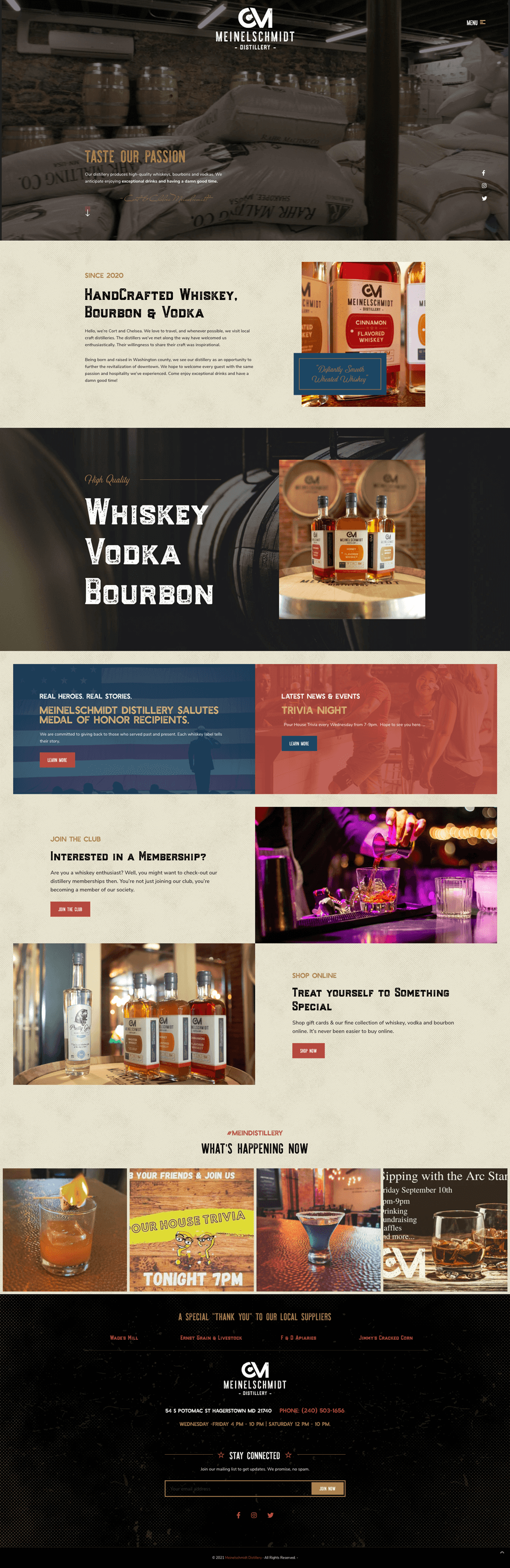 A website homepage for Meier & Schmidt featuring whiskey products. Includes images of whiskey bottles, descriptions of handcrafted whiskey, and sections highlighting events and membership options. The design uses dark and warm tones.