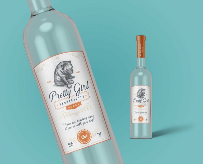 Bottles of Pretty Girl vodka are displayed at various angles, showcasing the branding (which includes grayscaled artwork of a pug)