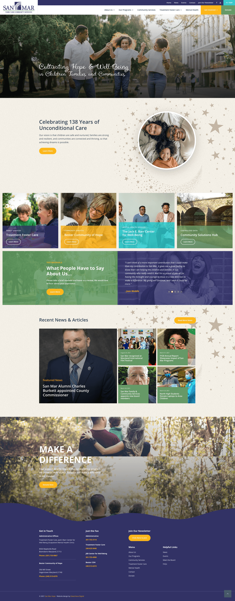 A website homepage showcasing sections about community support, testimonials, and recent news. It features images of diverse people smiling and interacting, with information about family services, alumni stories, and ways to contribute.