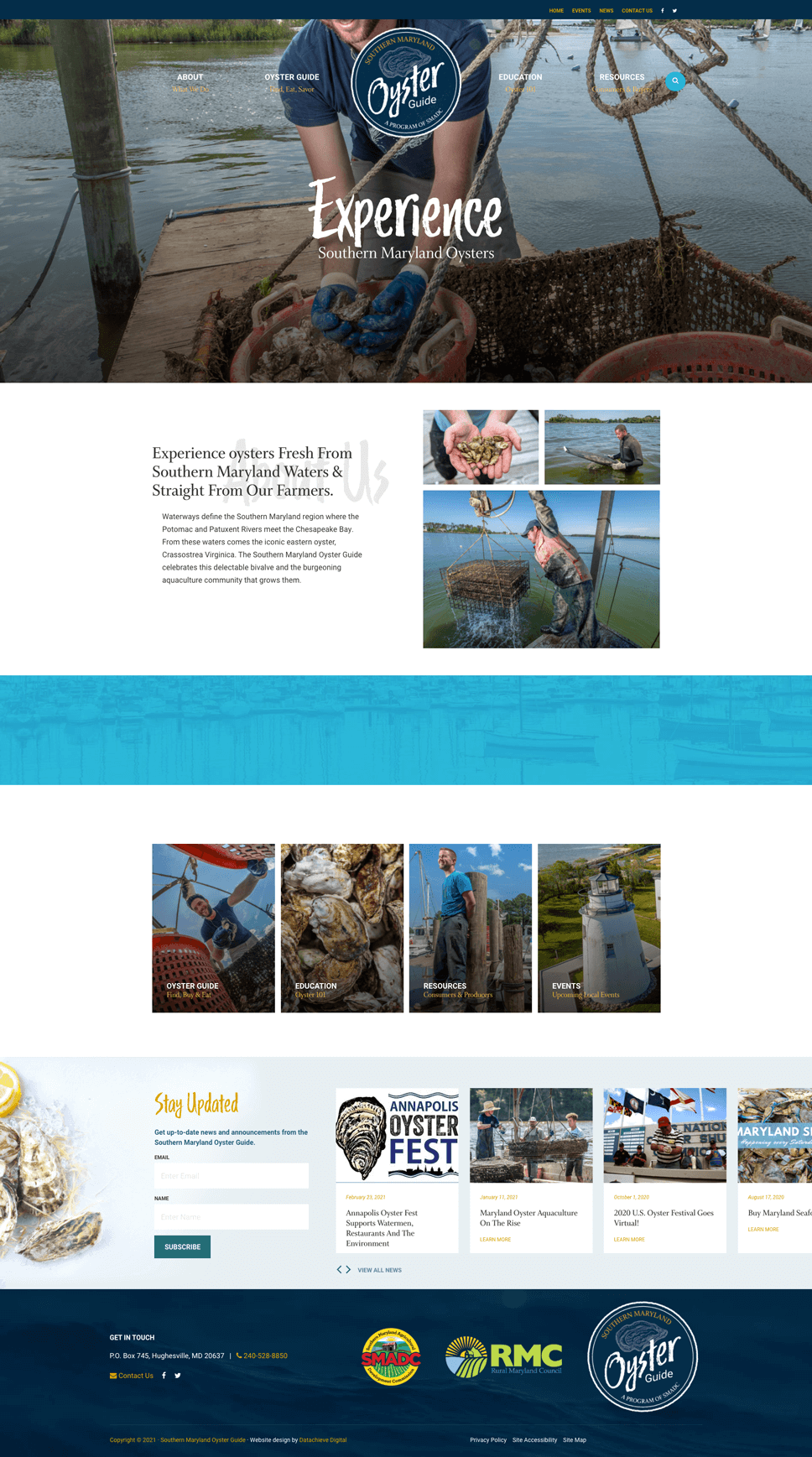 Screenshot of a website homepage for Southern Maryland Oysters featuring navigation links, a header image of oysters, and below, various sections highlighting oyster harvesting, events, and contact information. The page has vibrant blue and white tones.