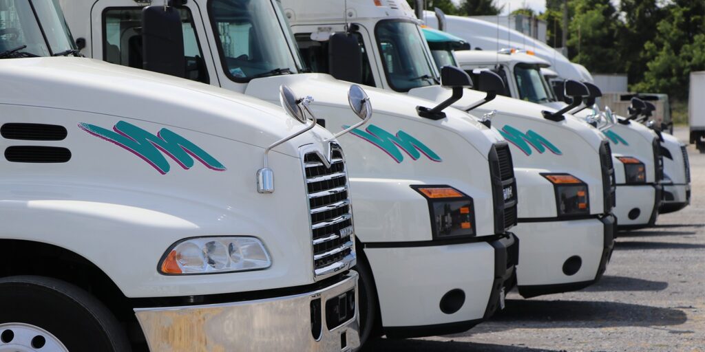 An array of semi trucks with the colors and branding of D.M Bowman, Inc.