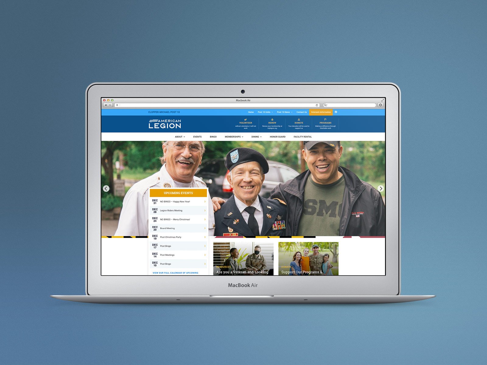 The homepage of the American Legion Post 10 website is visible on the screen of a laptop