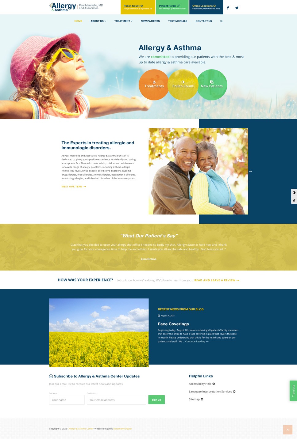 Webpage of an allergy and asthma center. Features a smiling child in sunglasses with text on treatments, testimonials, and contact info. The page includes images of a happy couple, flowers, and links for new patients, reviews, and updates.