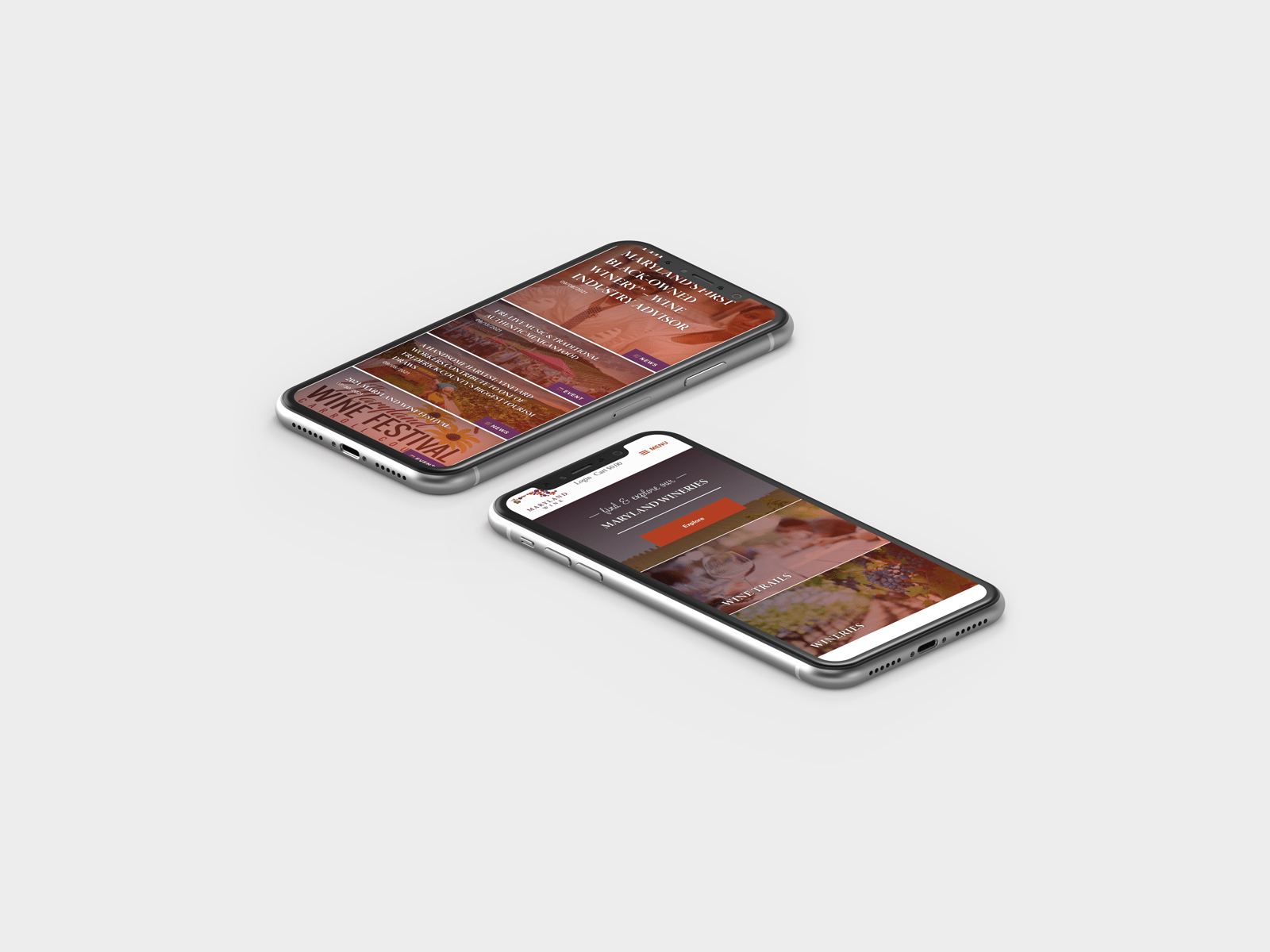 Two smartphones displaying a wine festival website. The screens show event information and an option to purchase tickets. The phones are on a white surface, angled to display different views of the site.