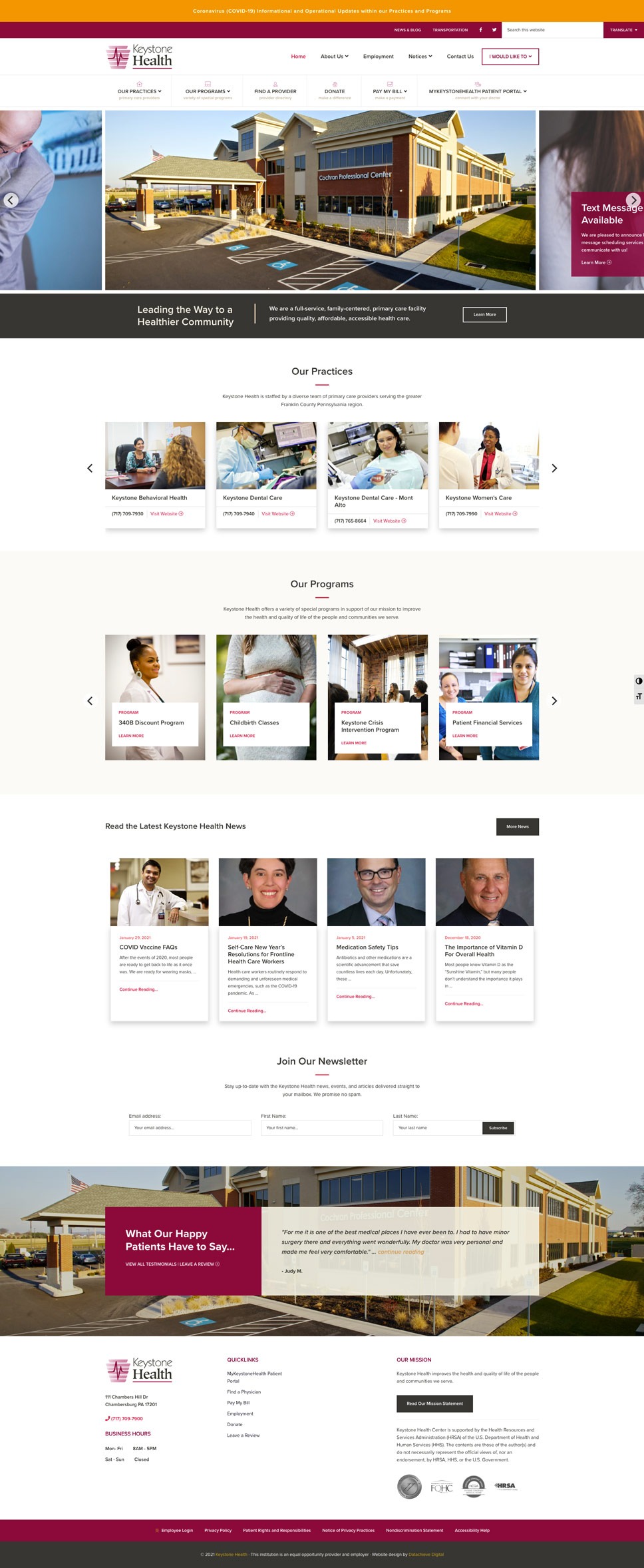 Screenshot of a hospital website homepage featuring various sections. Displays images of medical staff, patient reviews, and links to practices and programs. Includes newsletter signup, latest news, and contact information with the hospital’s logo.