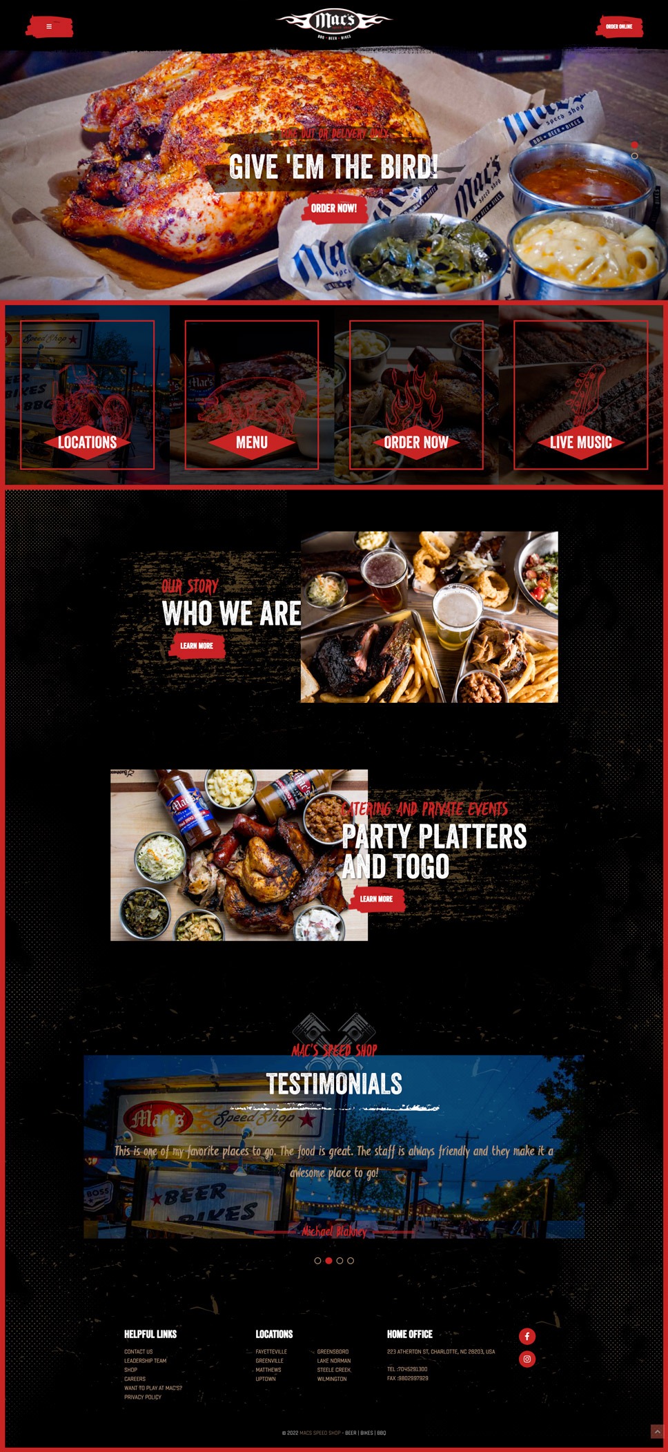 Restaurant webpage showing a header with images of chicken wings and various food platters. Navigation options include locations, menu, order, and live music. Sections for story, catering, and testimonials are also visible.