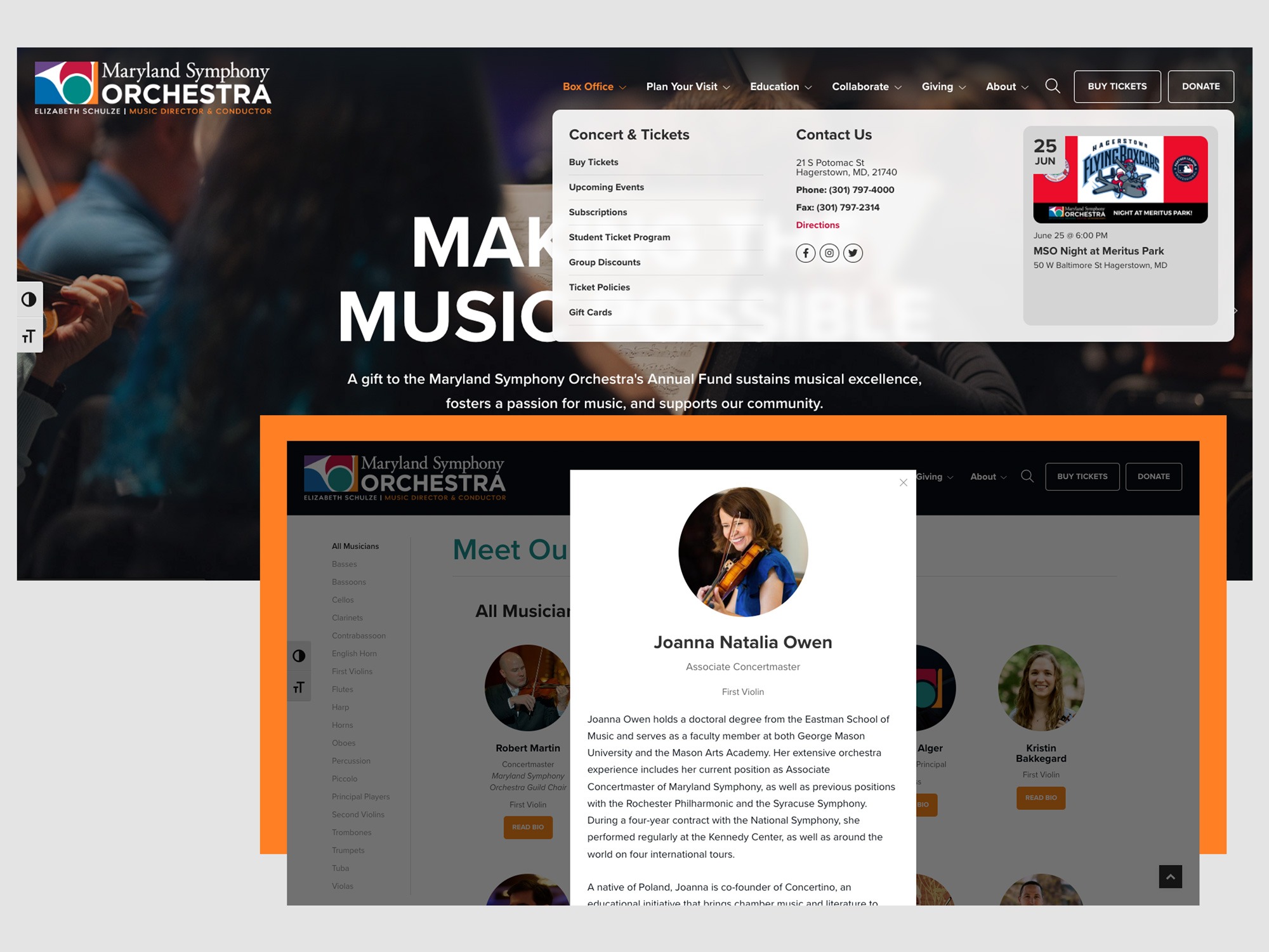 Screenshot of the Maryland Symphony Orchestra website. At the top is the navigation menu and contact information including phone number and address. Below, a pop-up profile card for Joanna Natalia Owen, Associate Conductor, is shown against a blurred background of the orchestra's website.