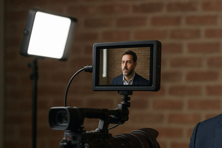 A camera records a man in a suit, whose face is visible on the monitor during video production. The scene is lit by a softbox, with a brick wall as the background.