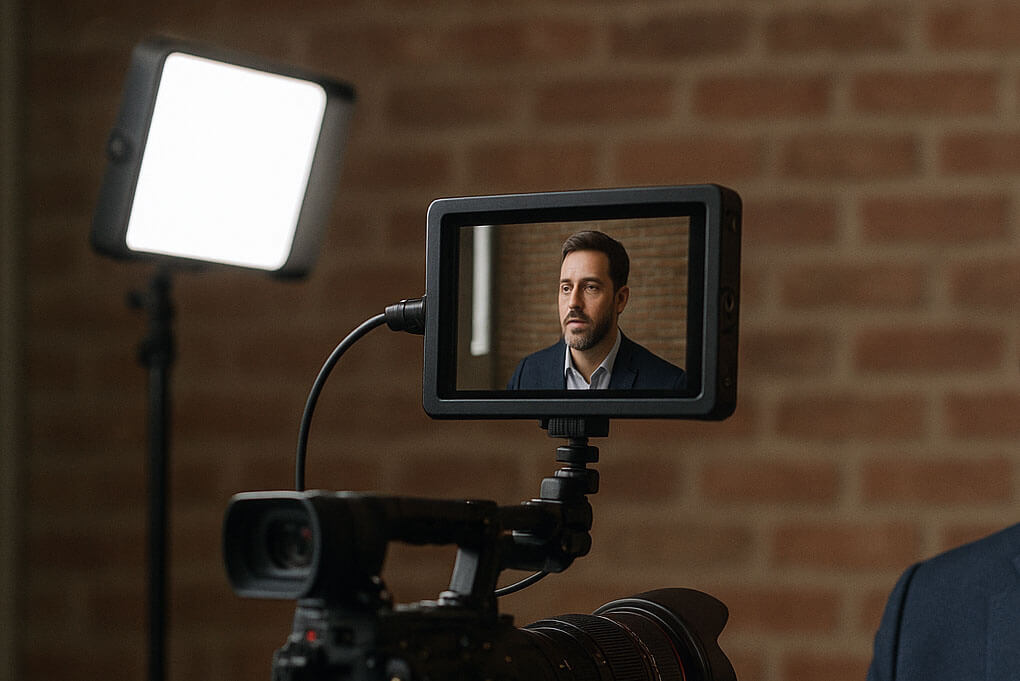A camera records a man in a suit, whose face is visible on the monitor during video production. The scene is lit by a softbox, with a brick wall as the background.