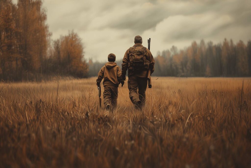 An adult and a child, both dressed in brown outdoor clothing and carrying hunting rifles, walk through a grassy field in autumn with trees in the background under a cloudy sky.