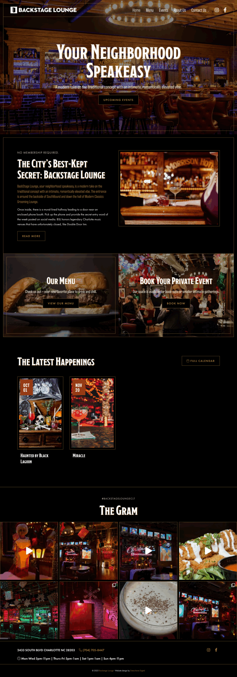 Screenshot of the Backstage Lounge website homepage featuring a speakeasy theme, event announcements, menu preview, private event booking, and a gallery of vibrant bar and lounge photos.