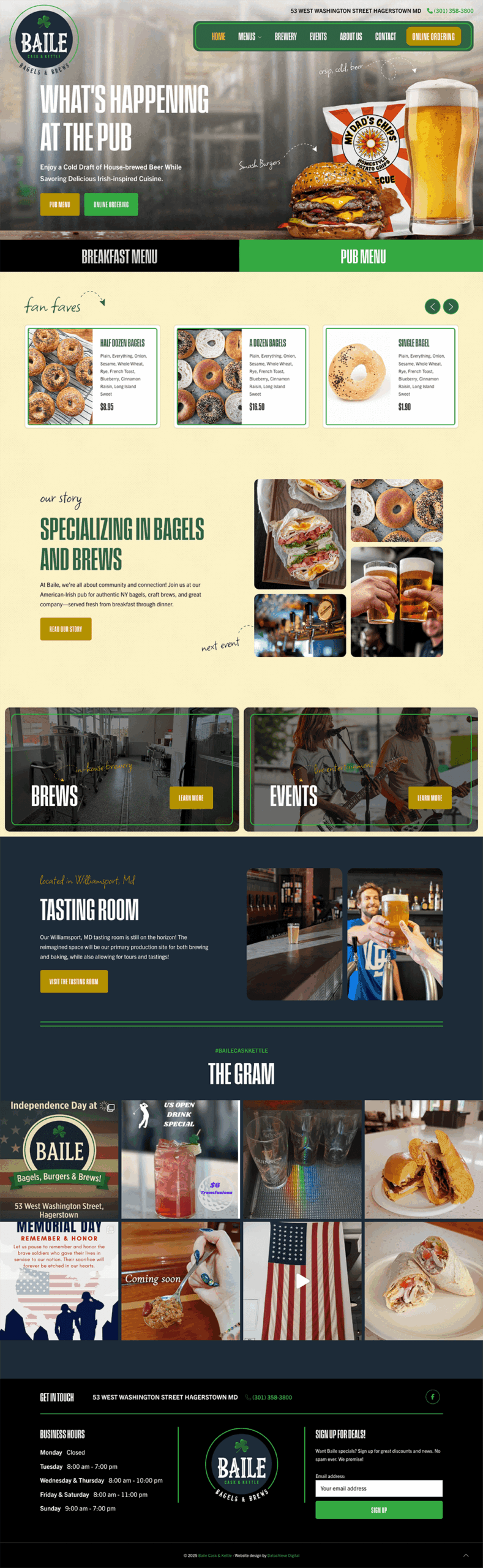 Screenshot of a pub’s website featuring menu links, images of bagels and drinks, sections for breakfast, pub menu, brews, events, a story about bagels and brews, social media photos, and contact information.
