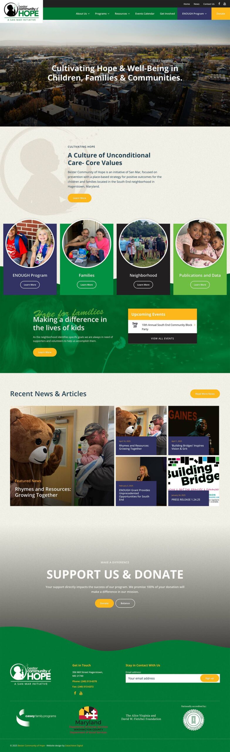Screenshot of the Children’s Hope Alliance website homepage, featuring a banner image, organization’s mission statement, program links, donation button, news section with images, and footer with contact and social media information.