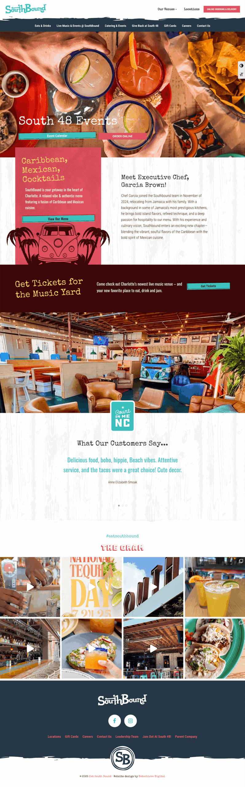 Screenshot of a vibrant restaurant website featuring tropical cocktails, food images, event details, customer reviews, and colorful décor, with navigational menus and ticket links for events at Southbound, a Southern-inspired venue.