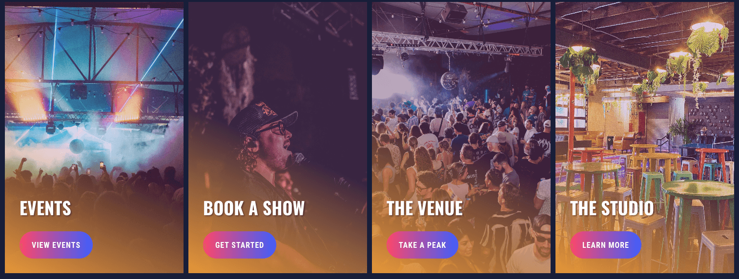 Four colorful panels show: a concert crowd with “Events” and “View Events”; a singer performing with “Book a Show” and “Get Started”; a packed venue with “The Venue” and “Take a Peak”; and a cozy lounge with “The Studio” and “Learn More.”.