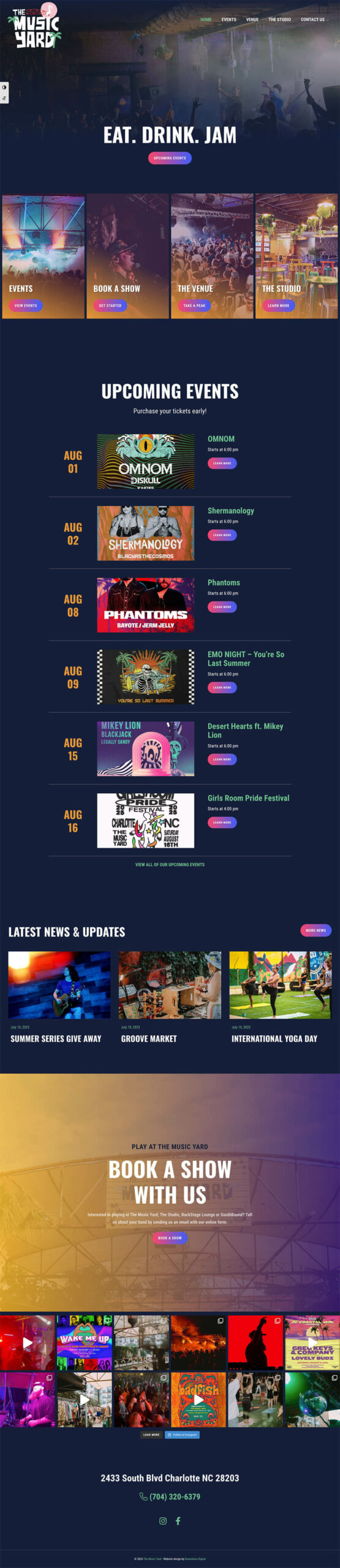 Screenshot of a music venue website featuring a vibrant, colorful layout with event listings, upcoming events, news, and a call to book shows; calendar dates and images highlight concerts and activities.