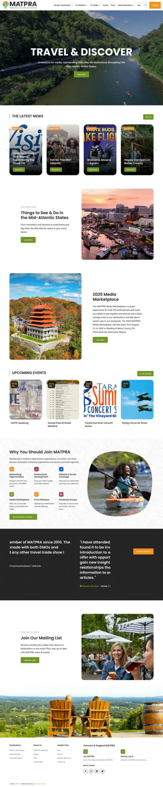 A vibrant tourism website promotes MATRA, featuring scenic nature imagery, travel news, event highlights, partnership perks, an event calendar, and smiling people enjoying local attractions and activities.
