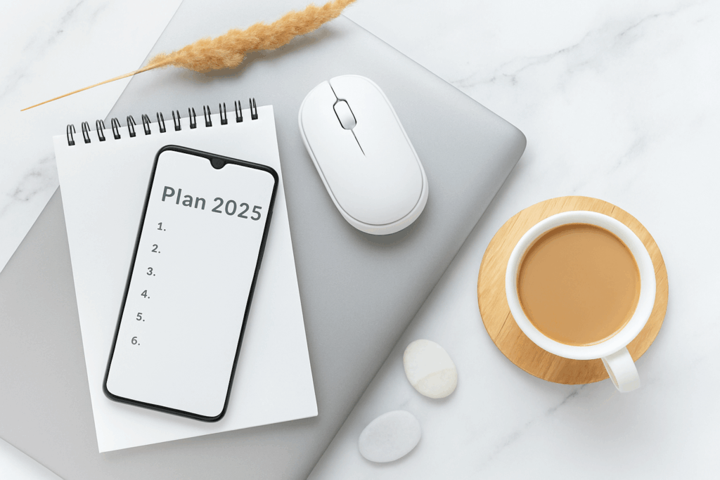 A workspace with a laptop, a notebook, a smartphone displaying “Plan 2025” with a numbered list, a wireless mouse, a cup of coffee, two stones, and a dried grass stem on a white marble surface.