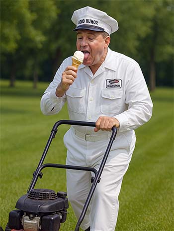 A man wearing a white "Good Humor" uniform and cap licks an ice cream cone while pushing a lawn mower on a grassy lawn. Trees are blurred in the background.