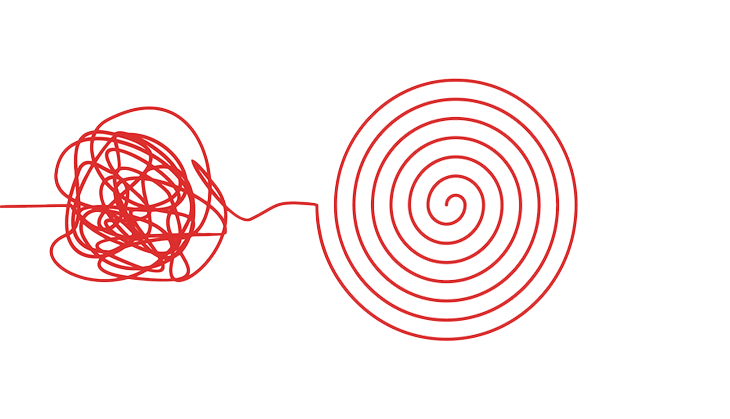 A red line on a white background starts as a chaotic tangle on the left, evoking the question 