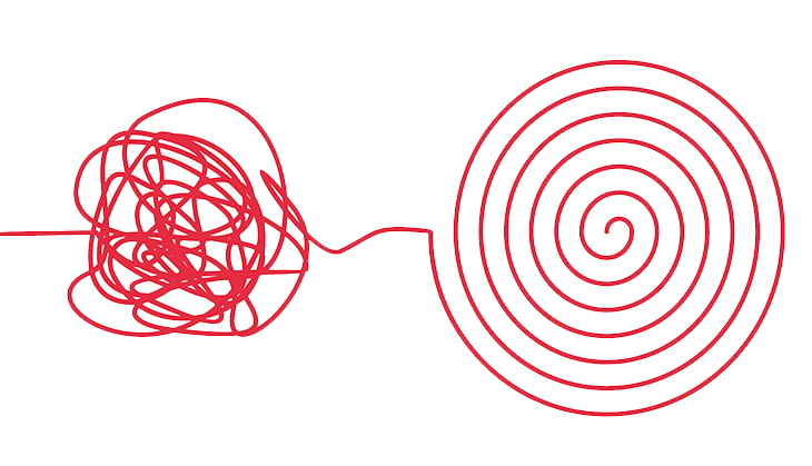 A red line transitions from a chaotic tangle on the left to a neat spiral on the right, symbolizing moving from confusion to order, on a plain white background.
