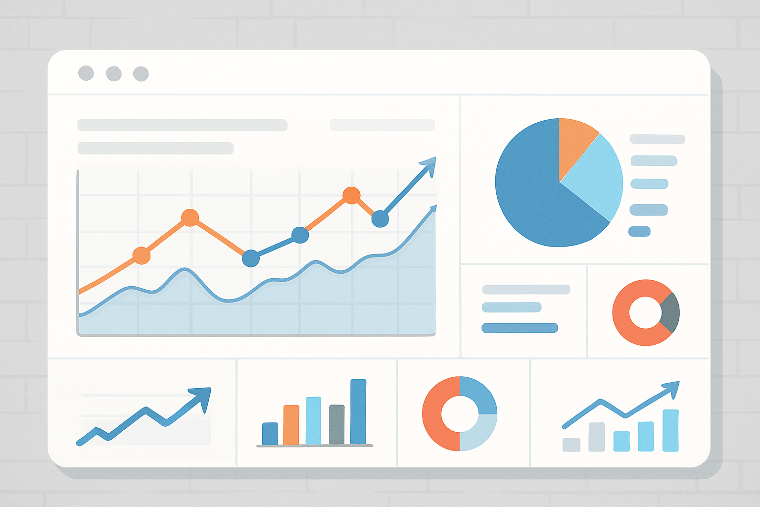A dashboard displaying various charts and graphs, including line graphs, bar graphs, and pie charts, illustrating data trends and analytics with blue, orange, and teal color accents.