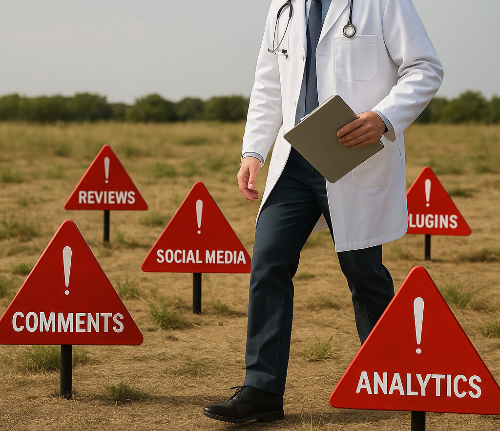 A doctor in a white coat holding a tablet walks outdoors among red warning signs labeled “COMMENTS,” “REVIEWS,” and more—illustrating hidden HIPAA landmines medical practices need to know about.