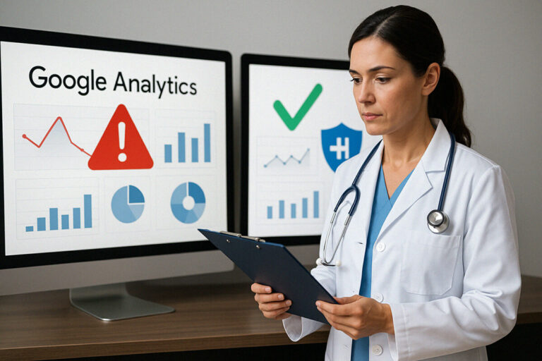 A doctor in a white coat reviews a clipboard in front of two monitors displaying Google Analytics graphs, one with a warning symbol and the other with a health shield icon.